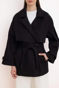 TRENDYOLMİLLA Black Oversized Arched Double breasted Kapama Midi Trench Coat - Image 4