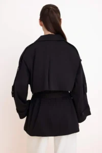 TRENDYOLMİLLA Black Oversized Arched Double breasted Kapama Midi Trench Coat - Image 5