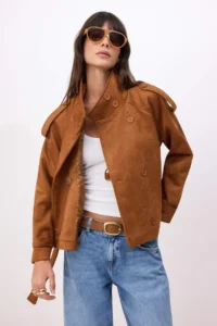 TRENDYOLMİLLA Camel Regular High Neck Arched Short Suede  Trench Coat - Image 2