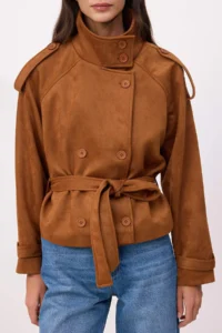 TRENDYOLMİLLA Camel Regular High Neck Arched Short Suede  Trench Coat - Image 3