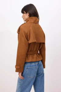 TRENDYOLMİLLA Camel Regular High Neck Arched Short Suede  Trench Coat - Image 4