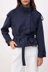TRENDYOLMİLLA NAVY BLUE Regular High Neck Arched Short Suede Trench Coat - Image 3