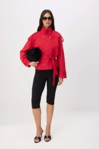 TRENDYOLMİLLA Red Regular High Neck Arched Short Suede Trench Coat - Image 2