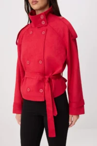 TRENDYOLMİLLA Red Regular High Neck Arched Short Suede Trench Coat - Image 4