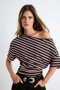 TRENDYOLMİLLA Brown Striped Fitted Boat Neck Short Shirred Crop Soft Knitting T-Shirt