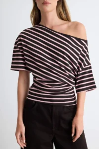 TRENDYOLMİLLA Brown Striped Fitted Boat Neck Short Shirred Crop Soft Knitting T-Shirt - Image 3