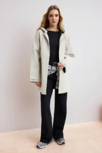 TRENDYOLMİLLA Ecru Oversized Hooded LONG Raincoat & Windbreaker - Image 2