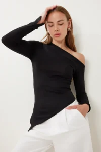 Happiness İstanbul Women Black Asymmetric slit Knitting Blouse - Image 3