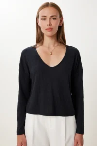 Happiness İstanbul Women Black V-neck Basic Ribbed Knitting Blouse - Image 2