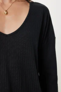 Happiness İstanbul Women Black V-neck Basic Ribbed Knitting Blouse - Image 3