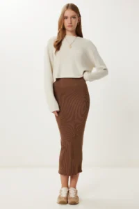 Happiness İstanbul Women's Brown Washed Saran Stretchy Seamless Knitted Skirt