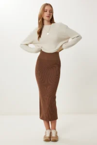 Happiness İstanbul Women's Brown Washed Saran Stretchy Seamless Knitted Skirt - Image 2