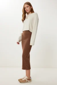 Happiness İstanbul Women's Brown Washed Saran Stretchy Seamless Knitted Skirt - Image 3