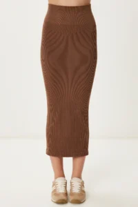 Happiness İstanbul Women's Brown Washed Saran Stretchy Seamless Knitted Skirt - Image 4