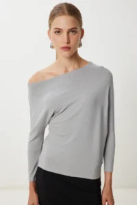 Happiness İstanbul Women Gray Boat Neck Basic Knitwear Blouse