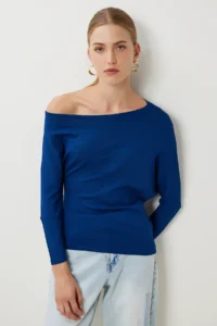 Happiness İstanbul Women NAVY BLUE Boat Neck Basic Knitwear Blouse