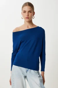 Happiness İstanbul Women NAVY BLUE Boat Neck Basic Knitwear Blouse - Image 2