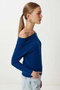 Happiness İstanbul Women NAVY BLUE Boat Neck Basic Knitwear Blouse - Image 3
