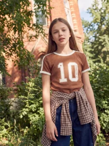 LC Waikiki Brown LCW KidsBisiklet Collar Printed Girls' T-Shirt
