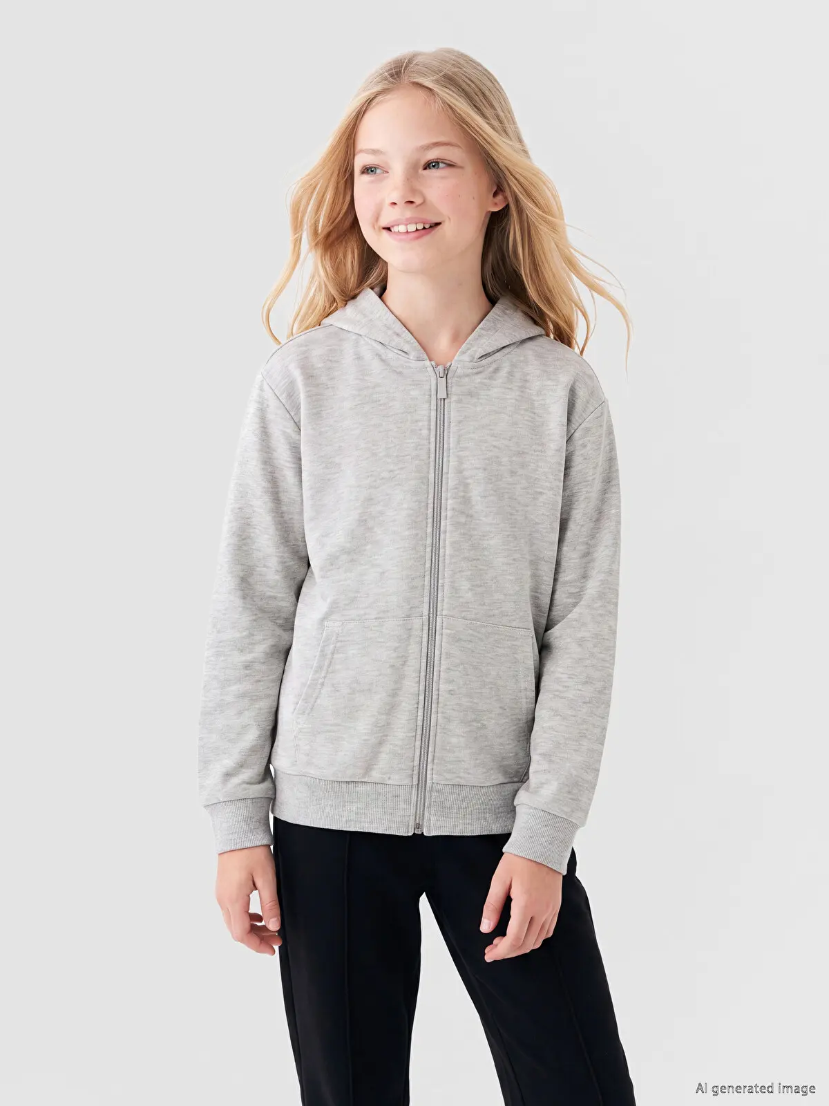 W6K996Z4-D5C_1 LC Waikiki Gray LCW KidsHooded Girls' Zippered Sweatshirt - Image 1