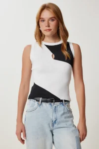 Happiness İstanbul Women's White Black Contrast Color Stretchy Knitwear Blouse - Image 2
