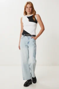 Happiness İstanbul Women's White Black Contrast Color Stretchy Knitwear Blouse - Image 3