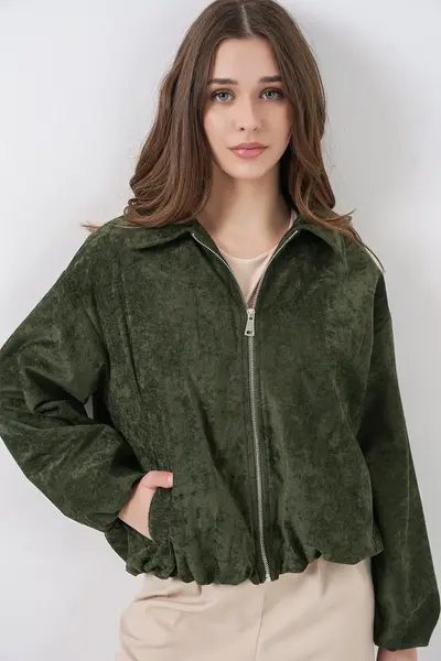 Bigdart Women Shirred Oversized Velvet Jacket 0733 - Khaki
