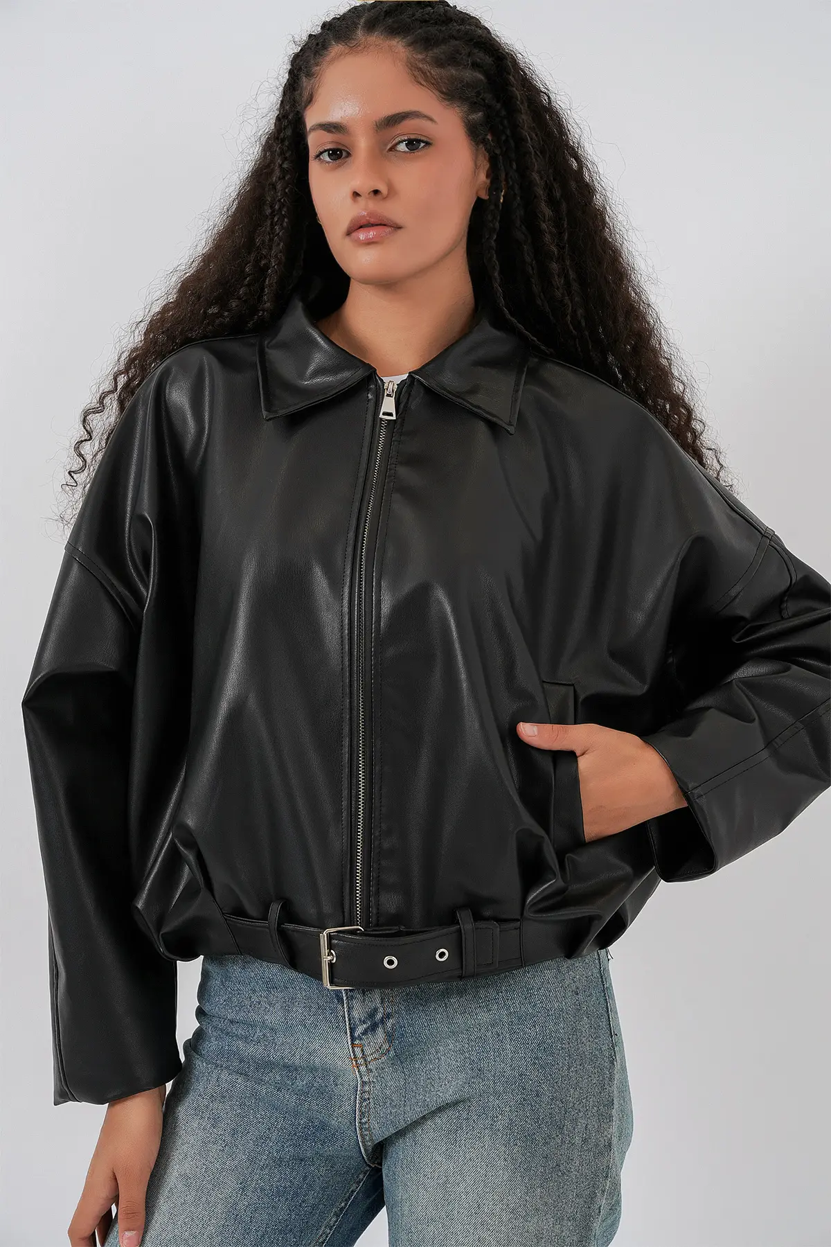 Bigdart Women Belt Detailed Leather Jacket 1056 - Black
