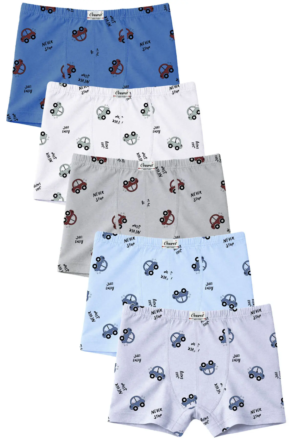 Onurel Boy's Pack of 5 Mixed Color Car Printed Lycra Boxers