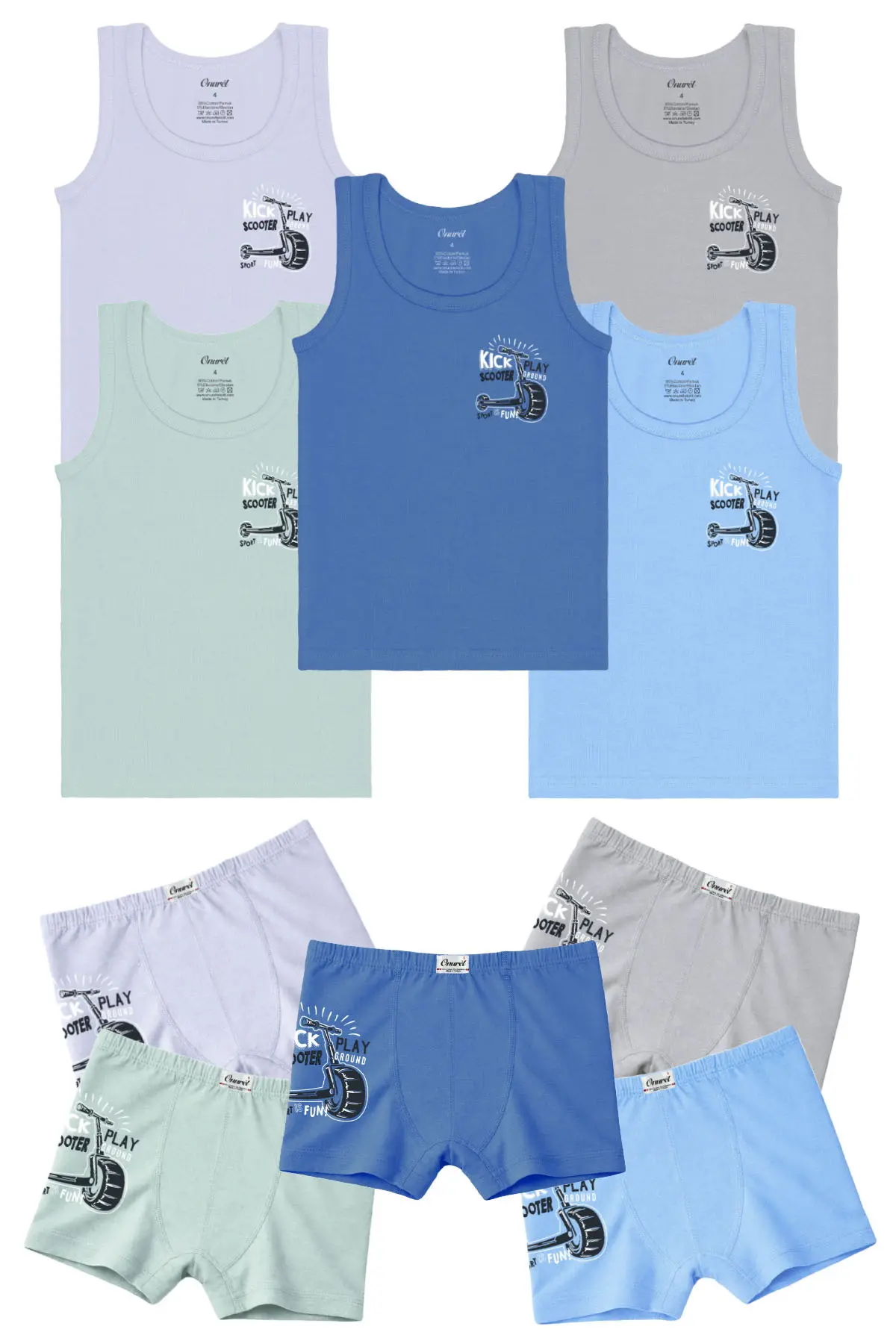 Onurel 5-Piece Boy's Colorful Scooter Patterned Lycra Undershirt Boxer Set