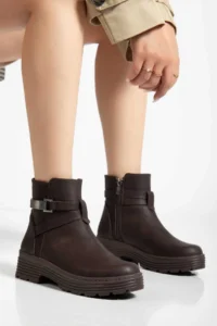 Sena Still Women's Brown Buckle Thick Sole Zipper Chelsea Daily Boots