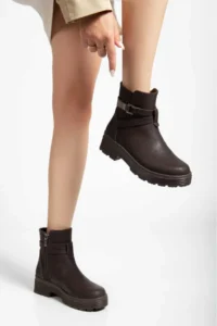 Sena Still Women's Brown Buckle Thick Sole Zipper Chelsea Daily Boots - Image 3