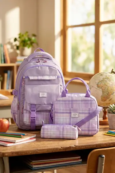 By Hakan My Polo Shirt 20100 Set of 3 Children's Primary School Secondary School Bag Backpack with Pen Holder Lunchbox Lilac