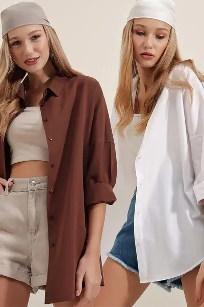 Bigdart 3900 Oversize Long Basic Shirt Pack of Two - White And Brown