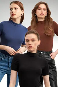 Bipantolon Women's 3 Pack Black Bitter Brown Navy Blue Short Sleeve Blouse