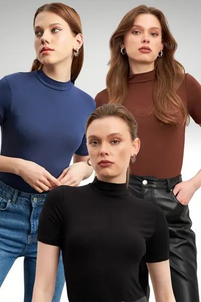Bipantolon Women's 3 Pack Black Bitter Brown Navy Blue Short Sleeve Blouse