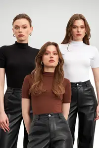 Bipantolon Women's 3 Pack Black Bitter Brown White Short Sleeve Blouse
