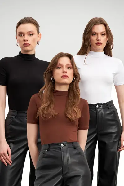 Bipantolon Women's 3 Pack Black Bitter Brown White Short Sleeve Blouse