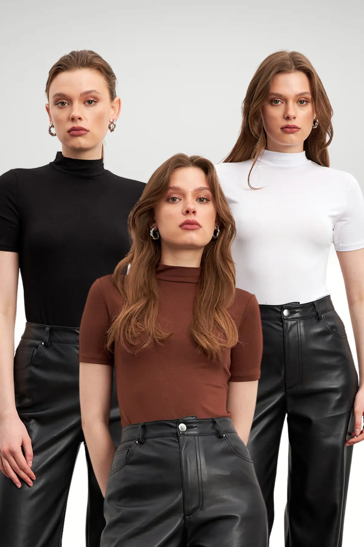 Bipantolon Women's 3 Pack Black Bitter Brown White Short Sleeve Blouse