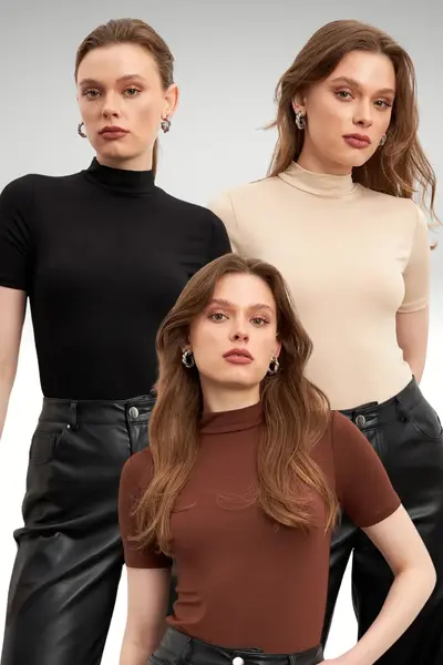 Bipantolon Women's 3 Pack Black Cream Bitter Brown Short Sleeve Blouse