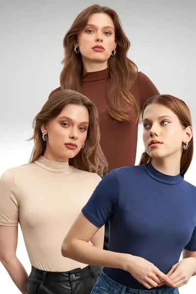 Bipantolon Women's 3 Pack Cream Bitter Brown Navy Blue Short Sleeve Blouse