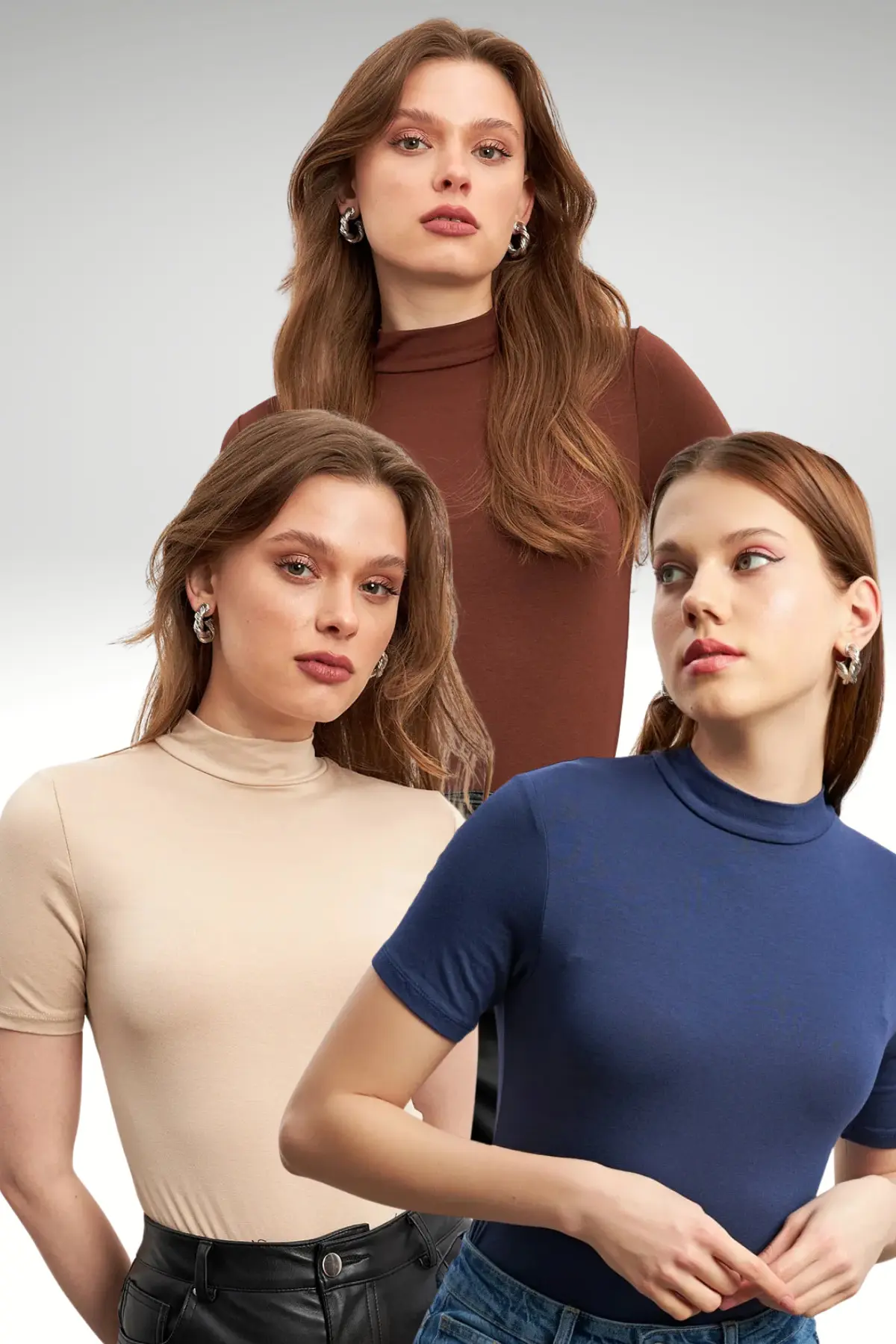 Bipantolon Women's 3 Pack Cream Bitter Brown Navy Blue Short Sleeve Blouse