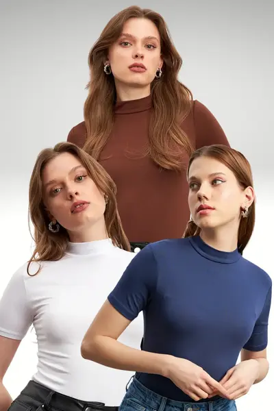 Bipantolon Women's 3 Pack White Bitter Brown Navy Blue Short Sleeve Blouse