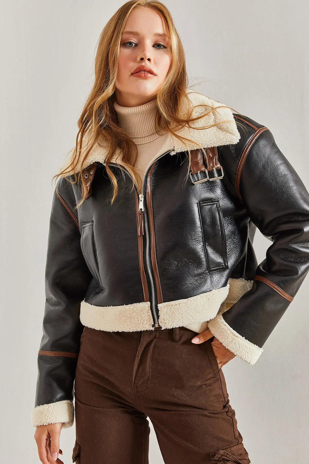 Bianco Lucci Women's Collar Arched Laminated Jacket 2289