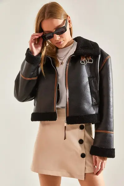 Bianco Lucci Women's Collar Arched Laminated Jacket 2289