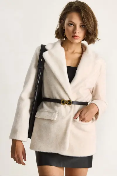 Bianco Lucci Women's Pocket Detailed Lined Belted Plush Textured Blazer Jacket 2761