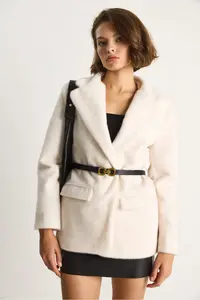 Bianco Lucci Women's Pocket Detailed Lined Belted Plush Textured Blazer Jacket 2761 - Image 4