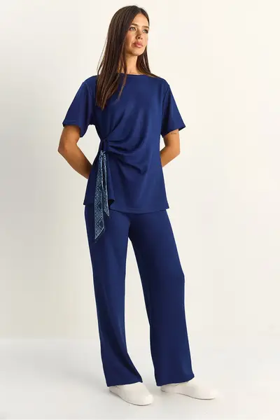 Bianco Lucci Women's Scarf Tie Detailed T-Shirt High Waist Trousers Bottom-Top Set 7630