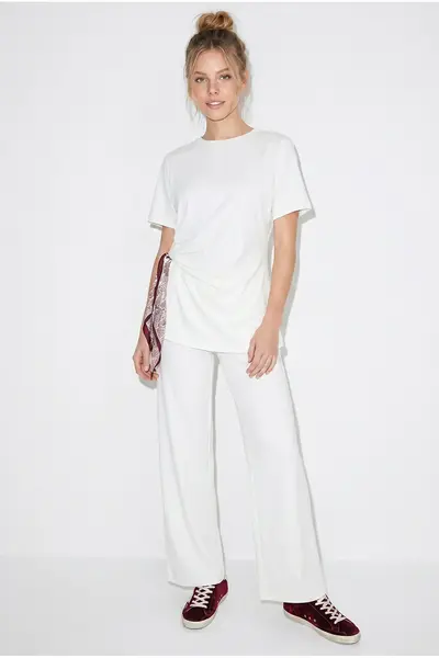 Bianco Lucci Women's Scarf Tie Detailed T-Shirt High Waist Trousers Bottom-Top Set 7630
