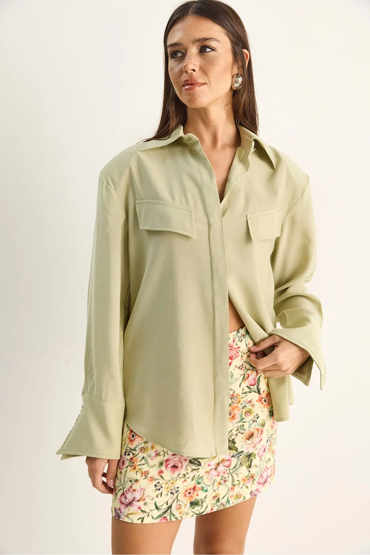 Bianco Lucci Women's Padded Cross Cover Detailed Asymmetric Wide Cuff Modal Shirt 4206
